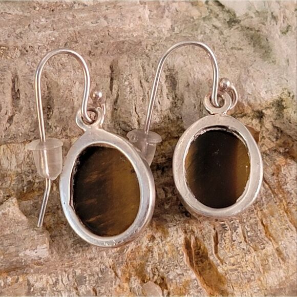 Sterling Bezel Set Oval Tiger's Eye Drop Earrings - Picture 5 of 5